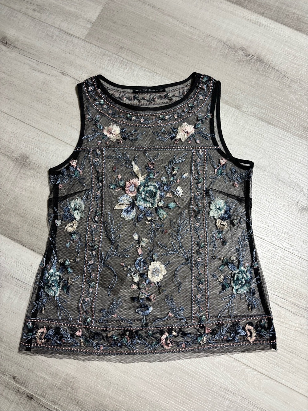 White House Black Market Embroidered Sheer Floral Top Black